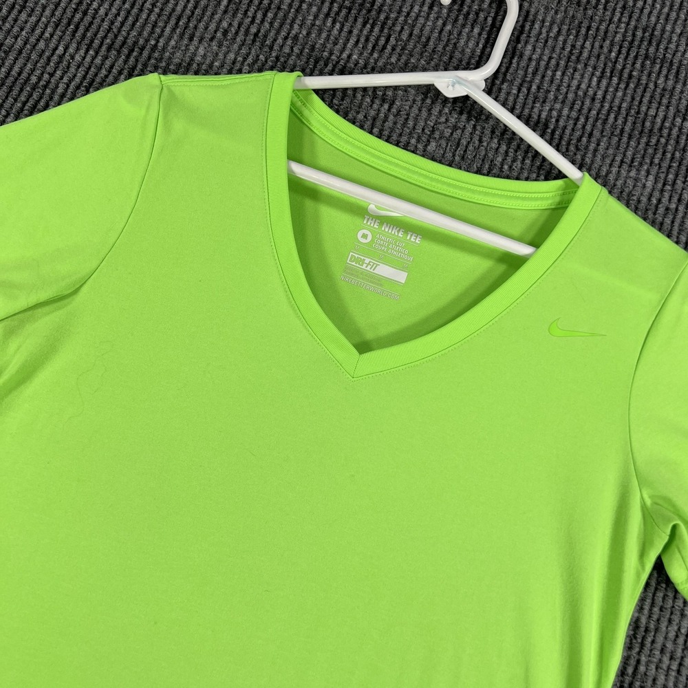 Nike Shirt Womens Medium Green Dri-FIT Athletic Tee Activewear V Neck Polyester